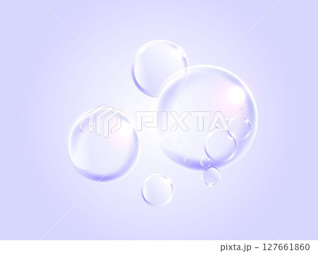 Realistic transparent soap bubbles with light reflections on a soft purple background. Perfect for skincare, cleaning, cosmetic, or freshness concepts in advertising and design. Realistic transparent soap bubbles with light reflections on a soft purple background. Perfect for skincare, cleaning, cosmetic, or freshness concepts in advertising and design. 127661860