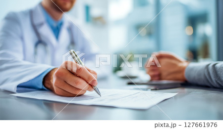医療相談の場面、ペンを持つ医師の手、処方箋を記入中 127661976