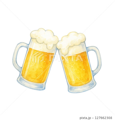 乾杯する生ビールの水彩風イラスト（手描き風・白背景素材） 127662308