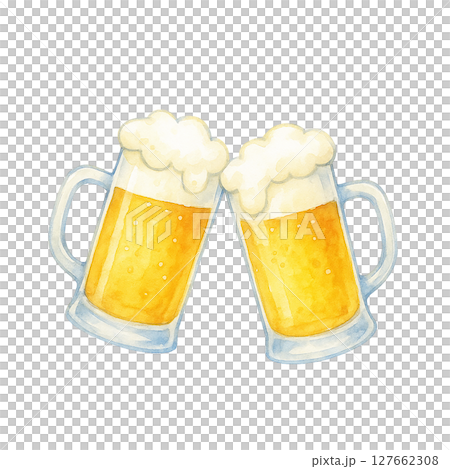 乾杯する生ビールの水彩風イラスト（手描き風・白背景素材） 127662308