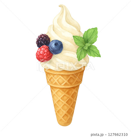 ベリーとミントを添えたソフトクリームの水彩風イラスト（手描き風・白背景素材） 127662310