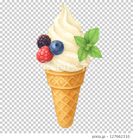 ベリーとミントを添えたソフトクリームの水彩風イラスト（手描き風・白背景素材） 127662310