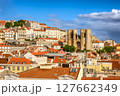 Panoramic view of Lisbon, Portugal, historic Alfama district with the iconic Se Cathedral, traditional Portuguese architecture with red-tiled rooftops and colorful cityscape on sunny day with bright 127662349