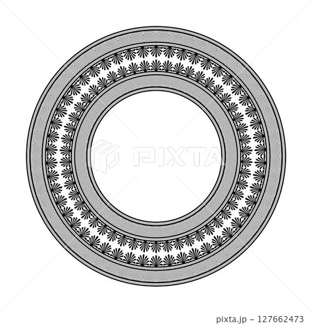 Vintage round frame. Pattern of lotus flowers. Circle ornament ancient Africa. Border, frame, ring of the Roman Empire. For printing invitation, engraving, forging, embroidery, sandblasting, porcelain 127662473