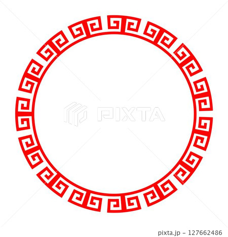 Decorative round frame for design with floral Chinese ornament, meander. Round frame with greek motifs. Circle frame. For card, invitation, textile, engraving, wooden carving, embroidery, porcelain Decorative round frame for design with floral Chinese ornament, meander. Round frame with greek motifs. Circle frame. For card, invitation, textile, engraving, wooden carving, embroidery, porcelain 127662486