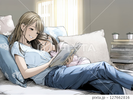 子供に寝る前の読み聞かせをする母親のイラスト素材 127662816