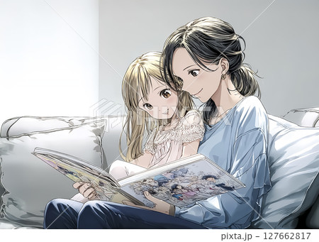 子供の読み聞かせをするママのイラスト素材 127662817