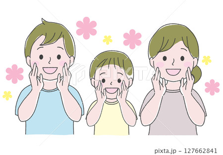 笑顔で呼びかける親子3人 127662841