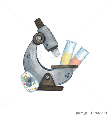 Microscope, two flasks with colored liquid and a cell stand next to each other. Watercolor illustration hand drawn, cartoon. Drawing for stickers, cards, invitations, scrapbooking. science, school 127663341