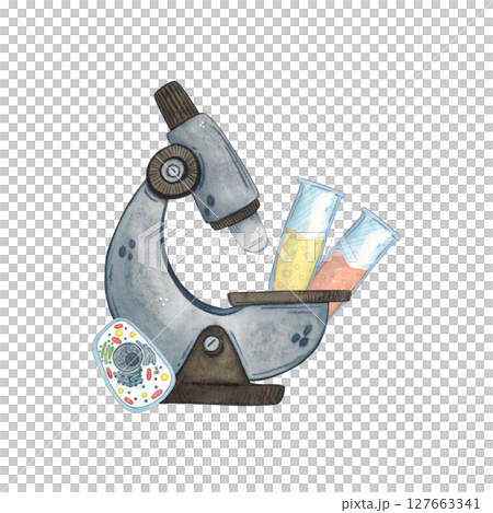 Microscope, two flasks with colored liquid and a cell stand next to each other. Watercolor illustration hand drawn, cartoon. Drawing for stickers, cards, invitations, scrapbooking. science, school 127663341