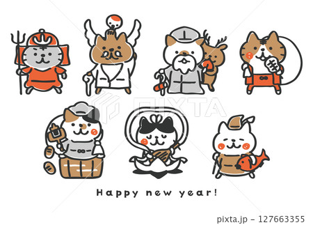 七福神の格好をした猫の年賀状テンプレート＿七福猫① 127663355
