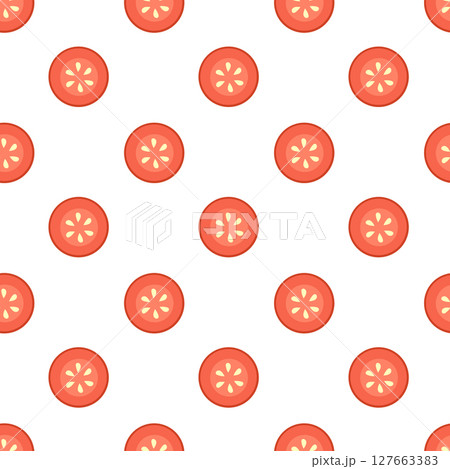 Seamless pattern with tomato slices. Summer vegetable wallpaper. Vector flat illustration. 127663383