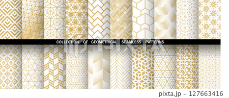 Geometric set of seamless golden and white patterns. Simple vector graphics Geometric set of seamless golden and white patterns. Simple vector graphics 127663416