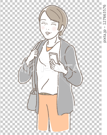 Smiling middle-aged woman holding a smartphone Smiling middle-aged woman holding a smartphone 127663576