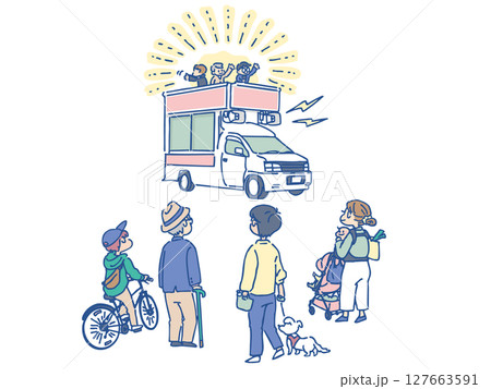 選挙カーと町の人のイラスト 127663591