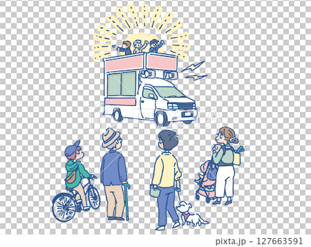 選挙カーと町の人のイラスト 127663591