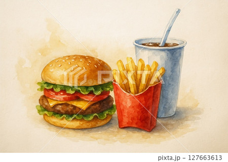 ハンバーガー　ポテト　ドリンク 127663613