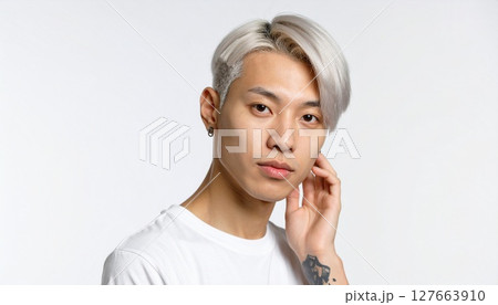 ジェンダーレスな雰囲気の銀髪のモデル ジェンダーレスな雰囲気の銀髪のモデル 127663910