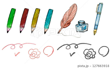 水彩で描いた筆記用具セット 水彩で描いた筆記用具セット 127663918