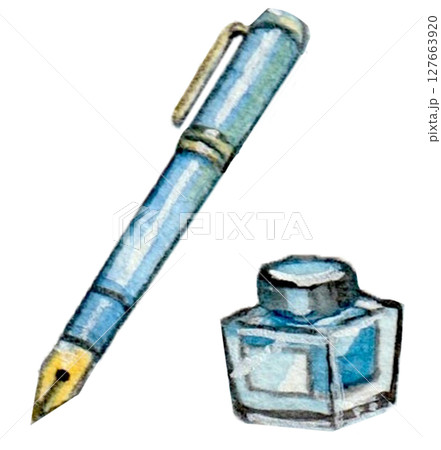 水彩で描いた万年筆とインク 127663920