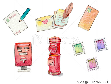 水彩で描いた郵便セット 127663921