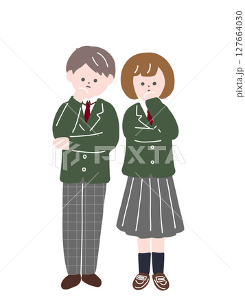 悩む女子高生と男子高生　男女の制服姿の学生のイラスト 127664030