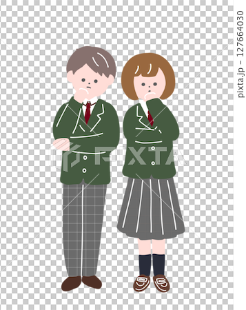 悩む女子高生と男子高生　男女の制服姿の学生のイラスト 127664030