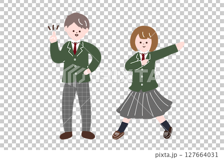 A high school boy with an idea and a high school girl in a hero pose: Illustrations of male and female students in uniform 127664031