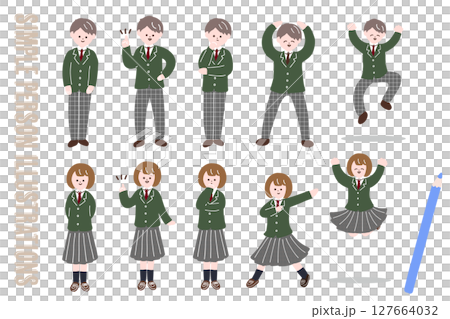 Expressive male and female junior and senior high school student character full body pose set Expressive male and female junior and senior high school student character full body pose set 127664032