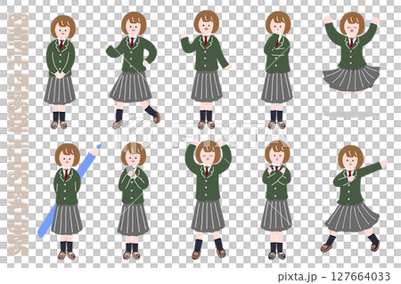 Expressive female junior and senior high school student character full body pose set Expressive female junior and senior high school student character full body pose set 127664033