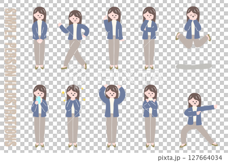手描き風ビジネスウーマンの全身ポーズセット 127664034