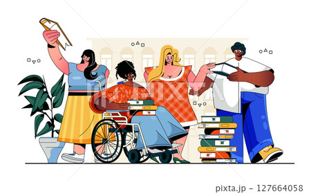 Bookcrossing concept for modern web design. People exchange and reading books, sharing paper textbooks, literature readers in library group. Flat vector illustration isolated on white background. 127664058
