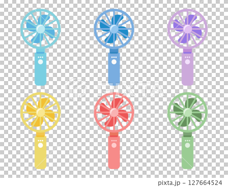 カラフルな6種類のハンディファン（携帯扇風機）セットのイラスト素材 127664524