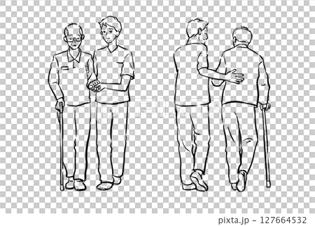 福利與照護：一名年輕男子扶著一名拄著拐杖的老人行走 127664532
