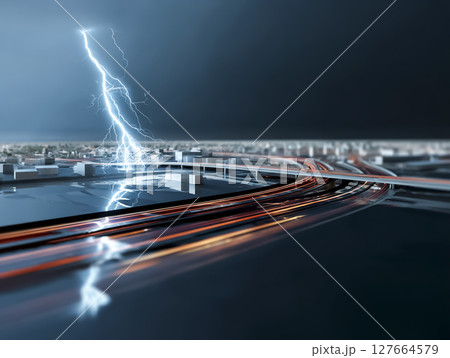 都市に落雷が落ちる瞬間のCG素材 127664579