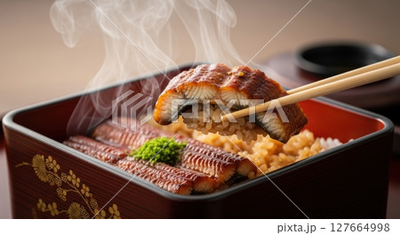 湯気立つうな重を箸で持ち上げるクローズアップ 湯気立つうな重を箸で持ち上げるクローズアップ 127664998