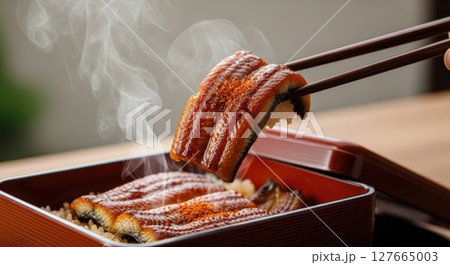 湯気立つうな重を箸で持ち上げるクローズアップ 127665003