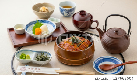 本格的なひつまぶしと薬味・急須の和食写真素材 127665004