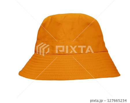 Orange bucket hat isolated on white background. 127665234
