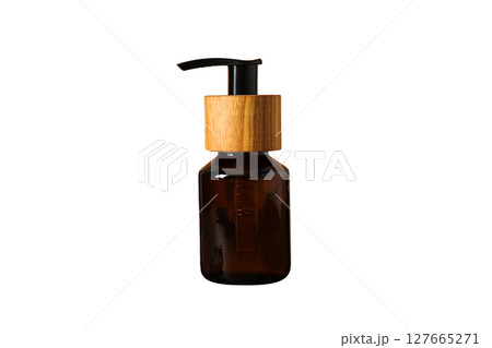 Brown bottle with wooden pump, isolated on white, PNG Brown bottle with wooden pump, isolated on white, PNG 127665271