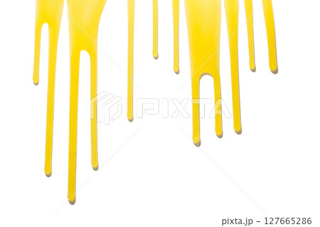 Yellow drips on white canvas, isolated on white, PNG 127665286