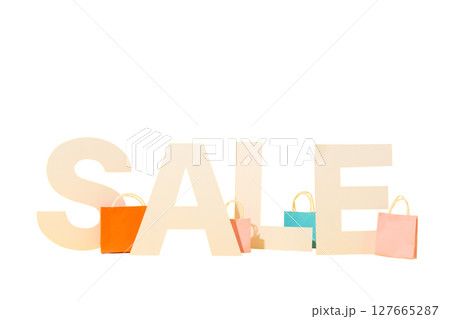 Vibrant bags and bold sale signs, isolated on white, PNG Vibrant bags and bold sale signs, isolated on white, PNG 127665287