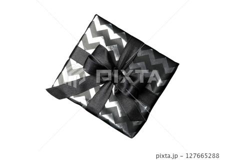 Stylish wrapped gift box, isolated on white, PNG 127665288