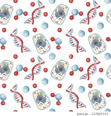 Seamless pattern with DNA molecules and cells. Watercolor hand drawn illustration, cartoon. Drawing for sticker, poster. science, school, laboratory, biology, chemistry, research, back to school Seamless pattern with DNA molecules and cells. Watercolor hand drawn illustration, cartoon. Drawing for sticker, poster. science, school, laboratory, biology, chemistry, research, back to school 127665333