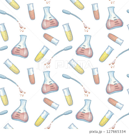 Seamless pattern with flying flasks and test tubes filled with solutions. Watercolor illustration hand drawn, cartoon. Drawing for sticker, poster. science, school, laboratory, biology, chemistry 127665334