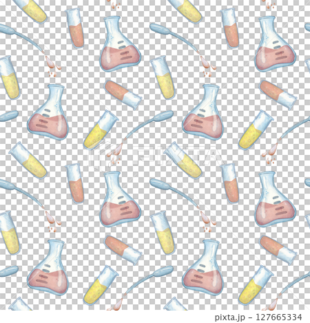 Seamless pattern with flying flasks and test tubes filled with solutions. Watercolor illustration hand drawn, cartoon. Drawing for sticker, poster. science, school, laboratory, biology, chemistry 127665334