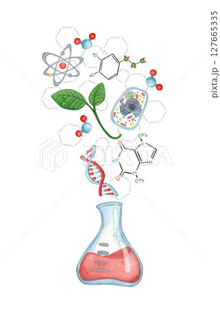Blank for a postcard flask with red liquid from which a plant, cell, chemical formulas fly out. Watercolor illustration hand-drawn, cartoon. Drawing for a sticker, poster. science, school, laboratory Blank for a postcard flask with red liquid from which a plant, cell, chemical formulas fly out. Watercolor illustration hand-drawn, cartoon. Drawing for a sticker, poster. science, school, laboratory 127665335