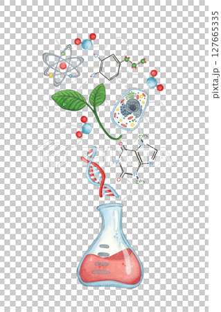 Blank for a postcard flask with red liquid from which a plant, cell, chemical formulas fly out. Watercolor illustration hand-drawn, cartoon. Drawing for a sticker, poster. science, school, laboratory Blank for a postcard flask with red liquid from which a plant, cell, chemical formulas fly out. Watercolor illustration hand-drawn, cartoon. Drawing for a sticker, poster. science, school, laboratory 127665335
