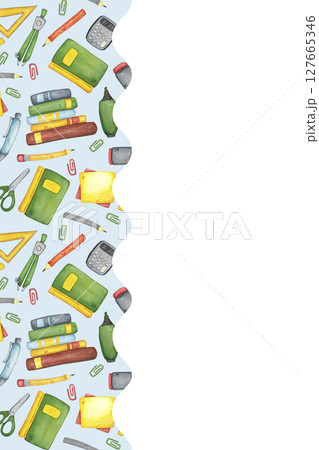 Blank for postcard blue wavy stripe with school supplies. Watercolor illustration hand drawn, cartoon. Drawing for sticker, poster. science, school, laboratory, biology, chemistry, research Blank for postcard blue wavy stripe with school supplies. Watercolor illustration hand drawn, cartoon. Drawing for sticker, poster. science, school, laboratory, biology, chemistry, research 127665346