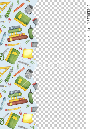 Blank for postcard blue wavy stripe with school supplies. Watercolor illustration hand drawn, cartoon. Drawing for sticker, poster. science, school, laboratory, biology, chemistry, research Blank for postcard blue wavy stripe with school supplies. Watercolor illustration hand drawn, cartoon. Drawing for sticker, poster. science, school, laboratory, biology, chemistry, research 127665346